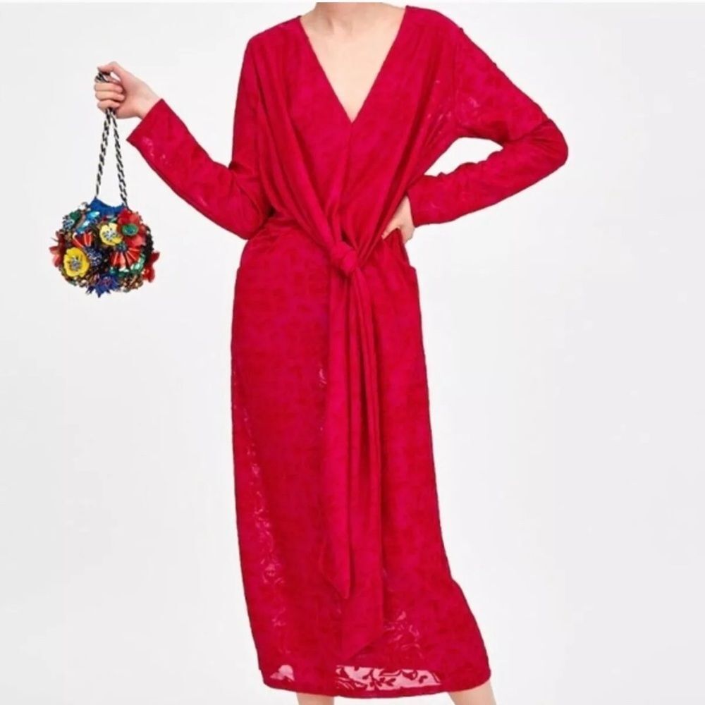 Zara Red Crossover Floral Lace Sheer Dress Size Small NWT romantic holiday fairy
